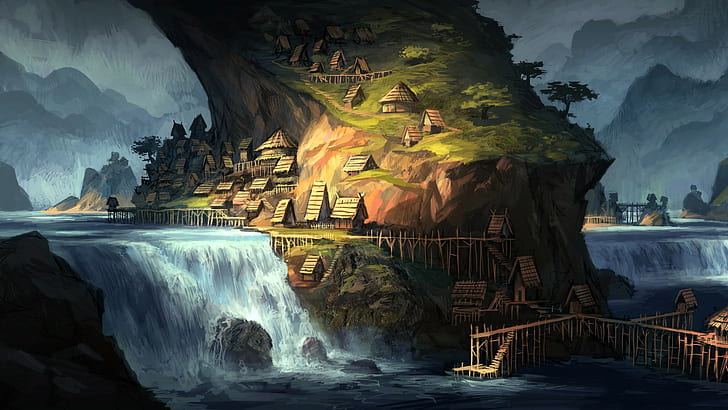 arte fantasia, vila, cachoeira, HD papel de parede
