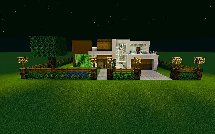 Fond d'écran numérique Minecraft, maison de plain-pied marron et blanche, modèle Minecraft, Minecraft, Fond d'écran HD