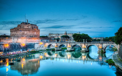 коричневый бетонный мост, рим, замок сант-Анджело, мост, италия, река, тибр, HDR, HD обои HD wallpaper