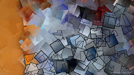 peinture abstraite grise, noire, brune et rouge, Jason Freedman, abstrait, art numérique, orange, bleu, carré, motif, texture, contour, Fond d'écran HD HD wallpaper