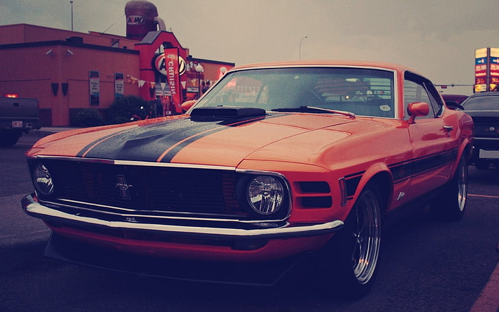 orange and black Ford Mustang coupe, ford mustang, boss 302, auto, red, HD wallpaper