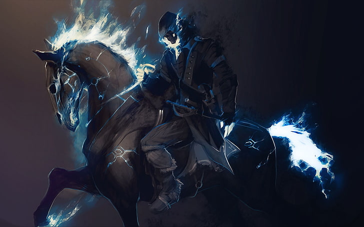 человек верхом на лошади иллюстрации, призрак, фэнтези арт, лошадь, произведения искусства, HD обои