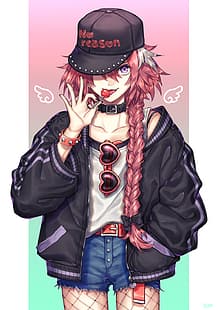  Fate/Apocrypha, FGO, Fate Series, black jackets, lolipop, french braid, fishnet pantyhose, thighs, jean shorts, white shirt, black nails, solo, standing, long hair, bicolored hair, sunglasses, purple eyes, tongue out, slender, looking at viewer, choker, wings, alternate outfit, black hat, hair bows, femboy, Astolfo (Fate/Apocrypha), anime boys, pink hair, white hair, gradient, artwork, 2D, anime, vertical, hair in face, bangs, simple background, fan art, Fate/Grand Order, casual, braided hair, HD wallpaper HD wallpaper