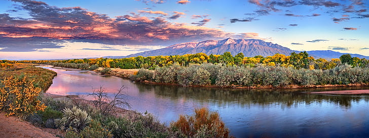 fall, river, New Mexico, sunset, forest, clouds, mountains, trees, shrubs, nature, landscape, HD wallpaper