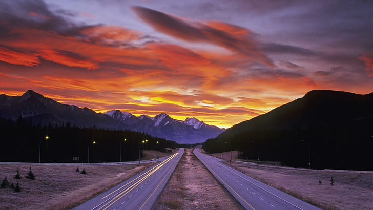 highway to the mountains at sunset, lights, highway, sunset, mountains, HD wallpaper
