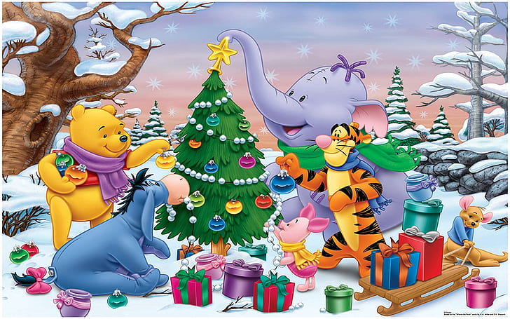 Dibujos animados Winnie The Pooh y sus amigos decorando el árbol de Navidad Regalos de Navidad Fondos de escritorio HD para teléfonos móviles y computadoras portátiles 1920 × 1200, Fondo de pantalla HD