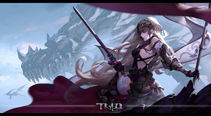 Jeanne d'arc alter, Fate / Grand Order, Vingador (Fate / Grand Order), espada, garotas anime, Fate Series, cabelos longos, olhos vermelhos, lança, armadura, dragão, cabelos brancos, videogames, HD papel de parede