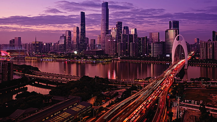Cityscape, kota, sinar matahari, matahari terbenam, pemandangan, fotografi, arsitektur, Guangzhou, Cina, tepi laut, Sungai Pearl, paparan lama, Wallpaper HD