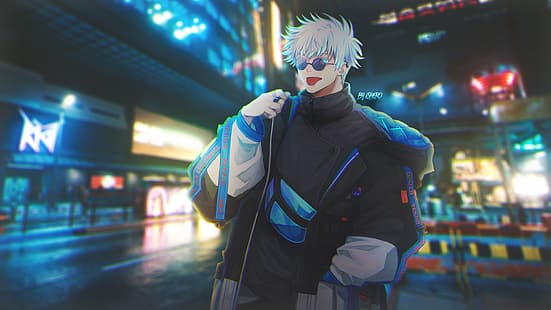 Satoru Gojo, Jujutsu Kaisen, улица, нощ, аниме, Япония, HD тапет HD wallpaper
