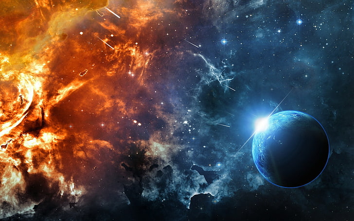 синя планета дигитален тапет, космос, огън, лед, планета, супернова, цифрово изкуство, HD тапет