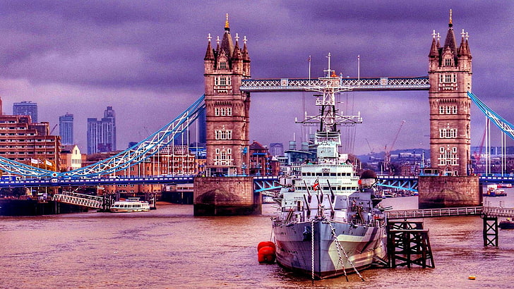 Тауэрский мост, ХМС Белфаст, мост, Лондон, Европа, Великобритания, корабль, музей, Великобритания, легкий крейсер, крейсер, королевский флот, Темза, река, HD обои