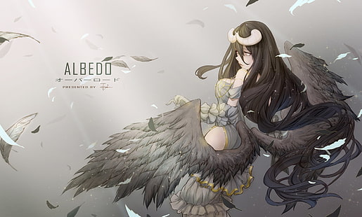 Anime, Overlord, Albedo (Overlord), svart hår, fjäder, flicka, horn, långt hår, Overlord (anime), vingar, gula ögon, HD tapet HD wallpaper