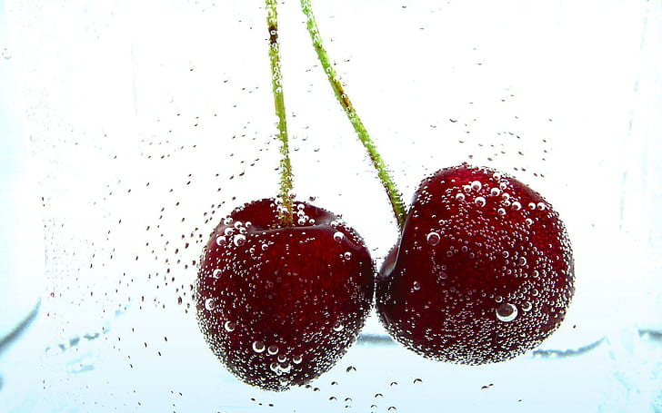 Water Bubbles Cherries Macro Berries Background Images, fruits, background, berries, bubbles, cherries, images, macro, water, HD wallpaper