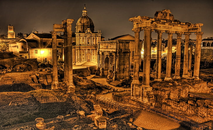 Forum Romanum, ilustracja ruin, Europa, Włochy, ruiny, złote, hdr, starożytne, rzym, forum rzymskie, Tapety HD