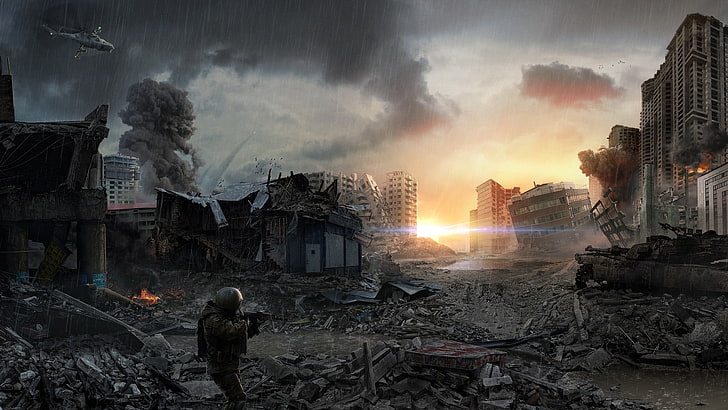 soldat med pistolillustration, apokalyptisk, digital konst, himmel, ruin, stadsbild, konstverk, futuristisk, HD tapet