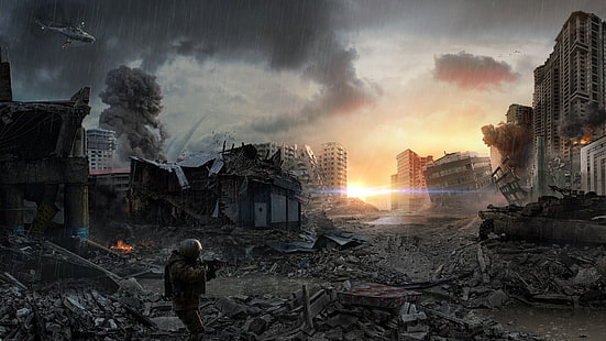 soldier holding gun illustration, apocalyptic, digital art, sky, ruin, cityscape, artwork, futuristic, HD wallpaper HD wallpaper