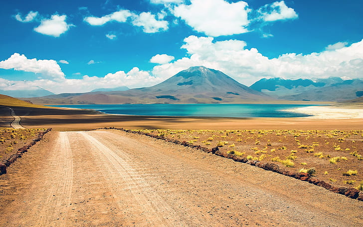 Atacama, Chile, deserto, estrada, deserto, montanha, lago, nuvem, atacama, Chile, HD papel de parede