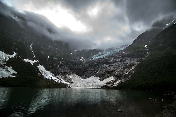 nature landscape glaciers lake mountain dark clouds creeks norway, HD wallpaper