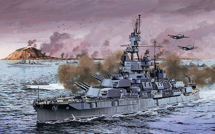 barco, Marina, la batalla, estadounidense, acorazado, WW2, art., PA, estándar, Fondo de pantalla HD