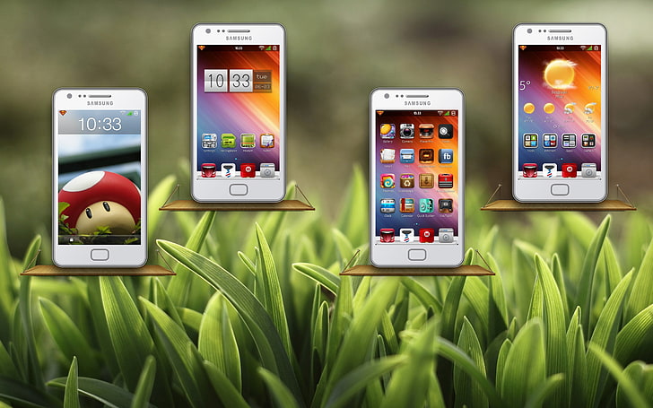 4つの白いSamsung Galaxy Androidスマートフォン、サムスン、電話、モデル、関係、 HDデスクトップの壁紙