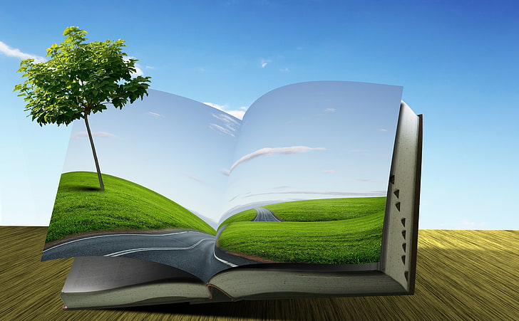 Kreativ, grünes Buch und Baumillustration, Aero, Kreativ, Landschaft, Straße, Buch, HD-Hintergrundbild