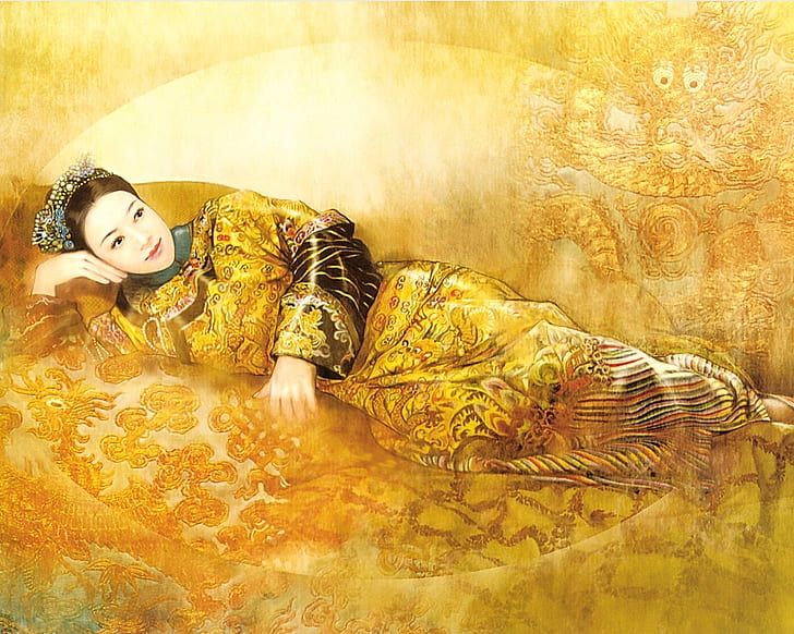 L'ancienne beauté chinoise HD, femme portant une robe traditionnelle dorée peinture, artistique, beauté, chinois, ancien, Fond d'écran HD