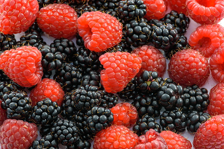 червени и черни плодове, малини, къпини, сочни, узрели, горски плодове, HD тапет