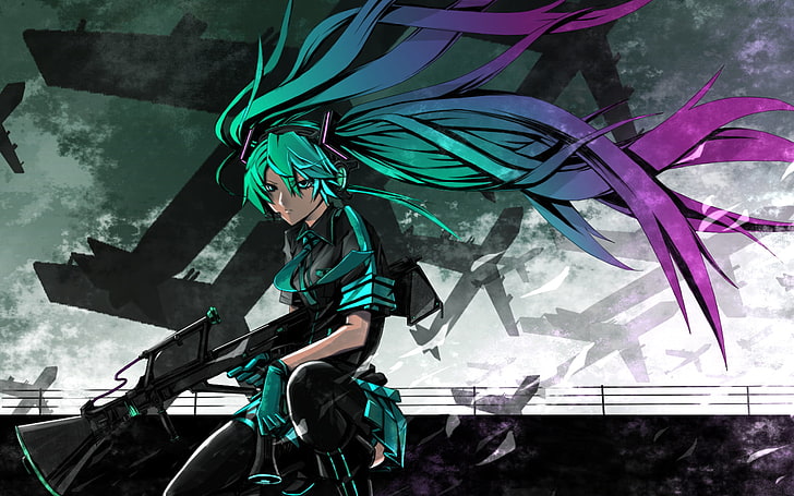 зеленые и фиолетовые обои аниме персонажа женского пола, хацунэ мику, вокалоид, аниме девушки, аниме, оружие, манга, длинные волосы, мегафоны, HD обои