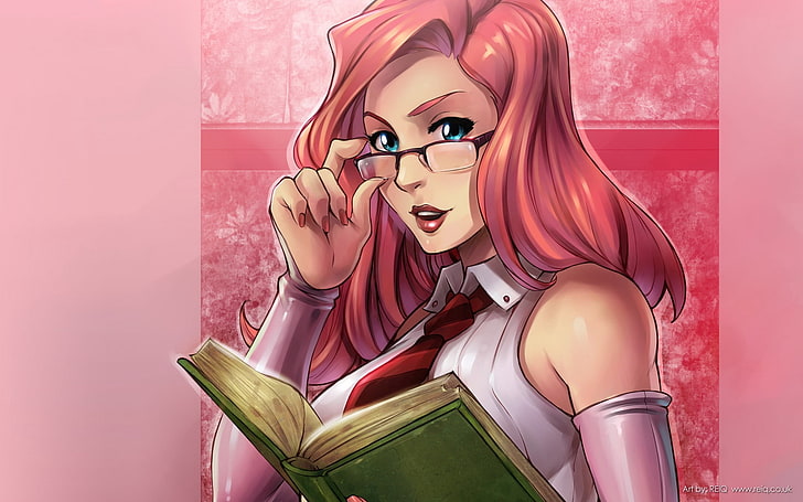 woman with pink hair holding green book illustration, girl, cute, glasses, book, gesture, HD wallpaper
