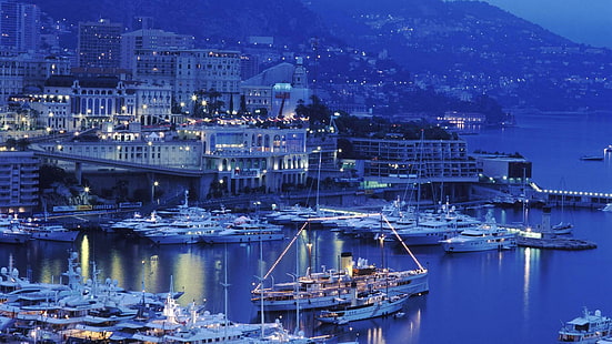 夕暮れ、モナコ港、ヨット、港、夕暮れ、マリーナ、都市、ボート、 HDデスクトップの壁紙 HD wallpaper