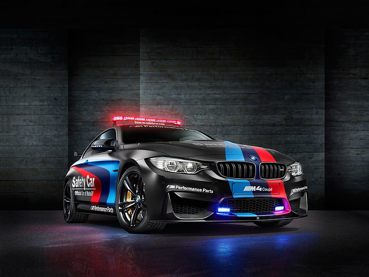 svart, röd och blå BMW coupe, BMW M4, bil, säkerhetsbil, BMW M4 Coupe, HD tapet