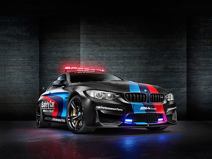 svart, röd och blå BMW coupe, BMW M4, bil, säkerhetsbil, BMW M4 Coupe, HD tapet HD wallpaper