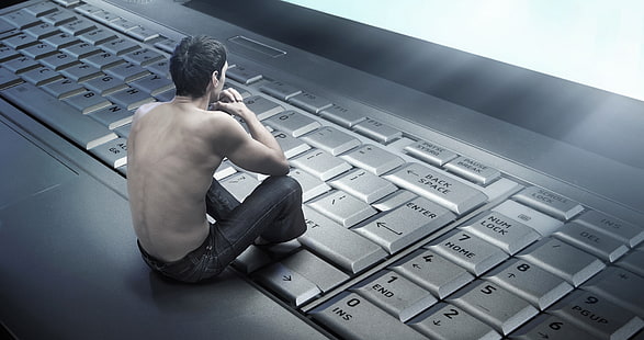 men's black pants, back, keyboard, laptop, guy, HD wallpaper HD wallpaper