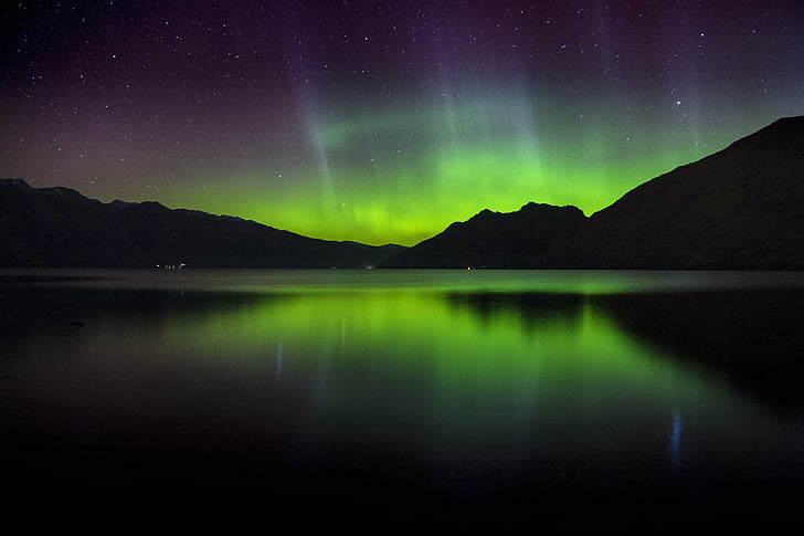 الشفق القطبي ، الأضواء الجنوبية ، المناظر الطبيعية ، البحيرة ، انعكاسات ، نيوزيلندا ، 5K، خلفية HD