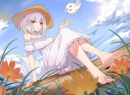 Anime, Anime Girls, Barfuß, Füße, Beine, Kleid, Sitzen, Kurzes Haar, Blumen, HD-Hintergrundbild HD wallpaper
