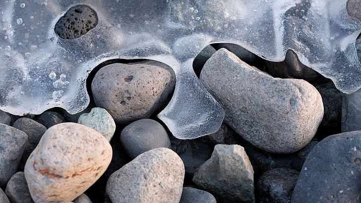 pierres grises, pierres grises, nature, hiver, glace, pierres, macro, Ubuntu, profondeur de champ, Fond d'écran HD