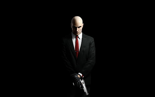 Agent 47 цифровые обои, Hitman, Hitman: Absolution, видеоигры, Agent 47, пистолет, простой фон, костюмы, HD обои HD wallpaper