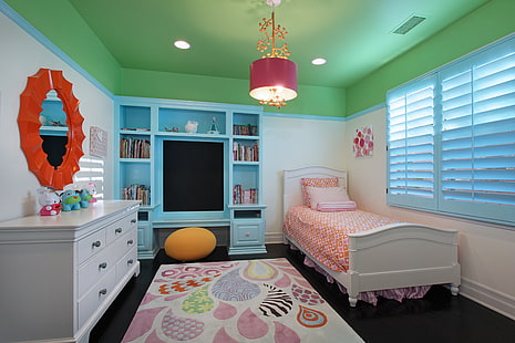 white wooden bed frame, photo, Design, Bed, Chandelier, Interior, Bedroom, Children's, HD wallpaper HD wallpaper