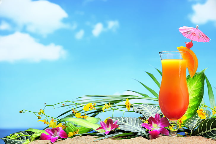 carta da parati del succo d'arancia, bevanda, fiori, foglie, Sfondo HD