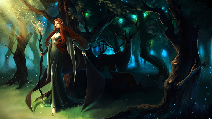 fata in piedi sotto l'albero sfondo digitale, elfi, fantasy art, Sfondo HD
