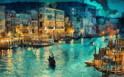Venice Grand Canal painting, art, canal, italy, lights, night, painting, venice, HD wallpaper HD wallpaper