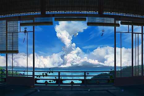 trilhos do terraço e persianas de bambu, anime, nuvens, trabalho artístico, natureza, céu, casa, quarto, HD papel de parede HD wallpaper