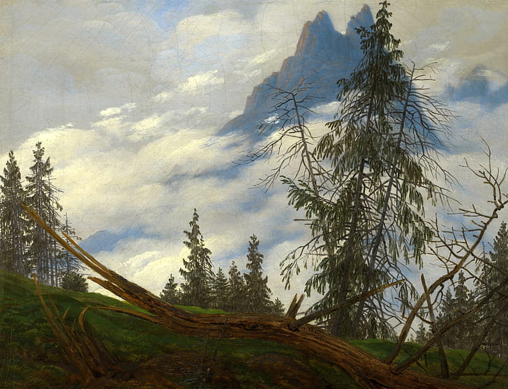 landskap, berg, bild, Caspar David Friedrich, bergstoppar med rörliga moln, HD tapet