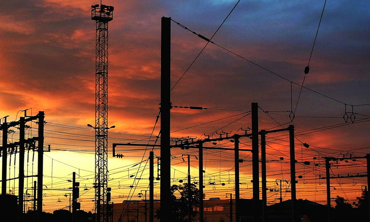 Man Made, Power Line, Industrial, Power Grid, Sunset, Twilight, HD wallpaper