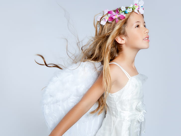 天使のような長い髪の少女、花輪、白いドレス、長い、少女、花輪、白い、ドレス、のような、天使、 HDデスクトップの壁紙