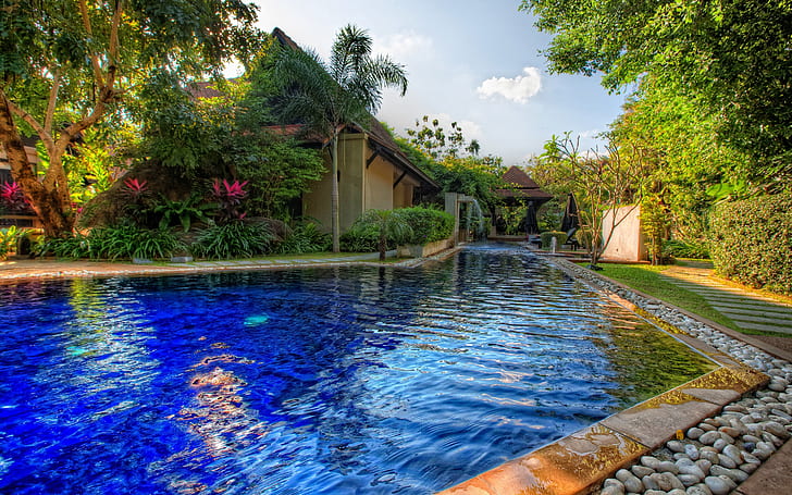 Enorme piscina privada, piscina, água, fundo, casa, HD papel de parede