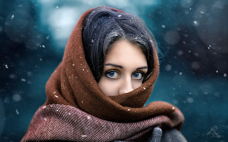women, brunette, women outdoors, snow, black hair, blue eyes, face, portrait, bokeh, snowflakes, scarf, covering face, winter, Sergey Sergeev, HD wallpaper