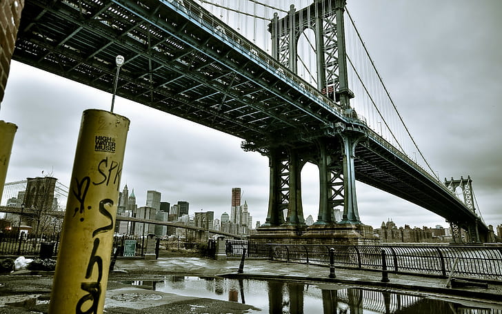 bro, stadsbild, byggnad, reflektion, Manhattan Bridge, HD tapet