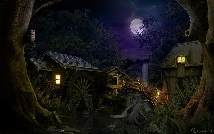 owl and houses illustration, forest, night, bridge, house, waterfall, HD wallpaper