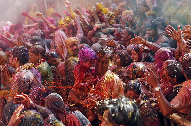 Festival de cores de Holi, filho, pai, primavera, pessoas, pó colorido, lua nova, feriado indiano, Holika, evento, vida, HD papel de parede